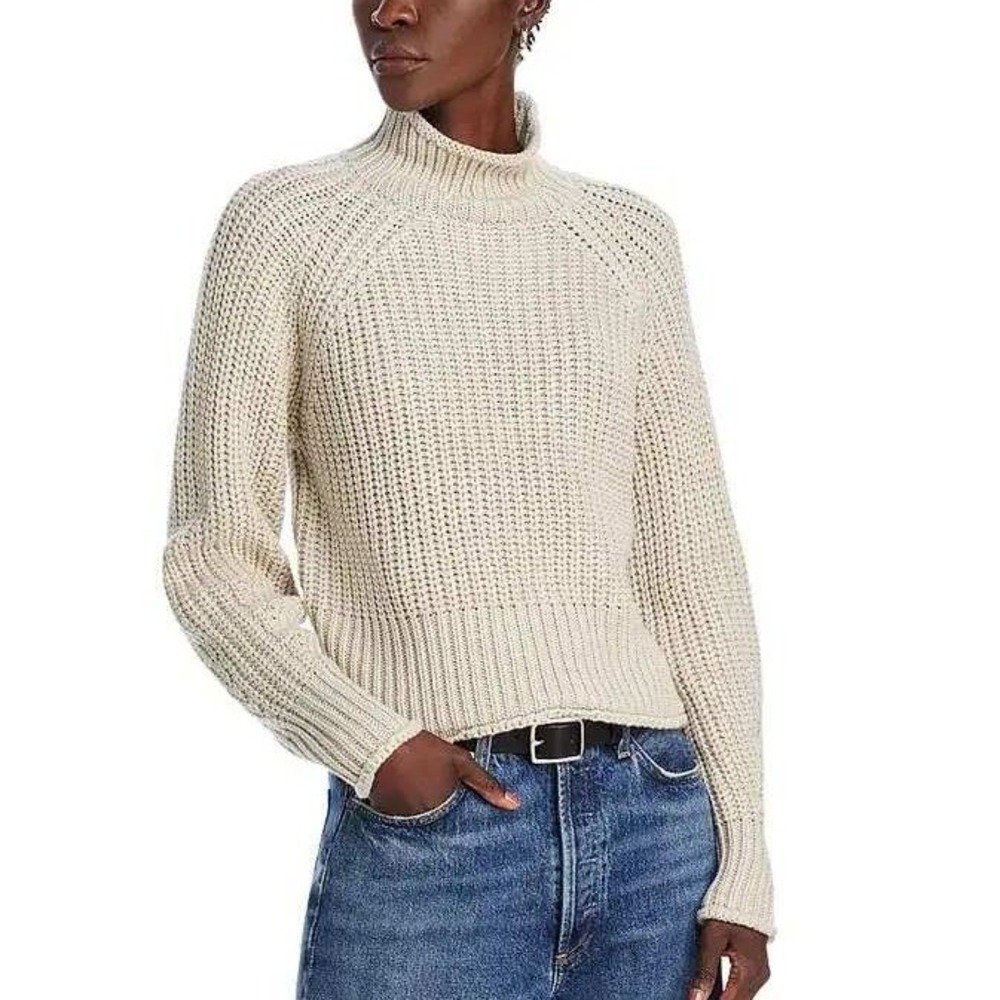 AQUA Roll Neck Sweater Women S Stone Beige Chunky Shaker Knit Minimalist Cozy